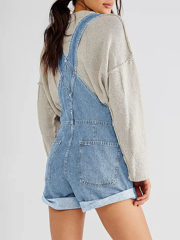 Cotton Denim Playsuit with Folded Hem - Overalls