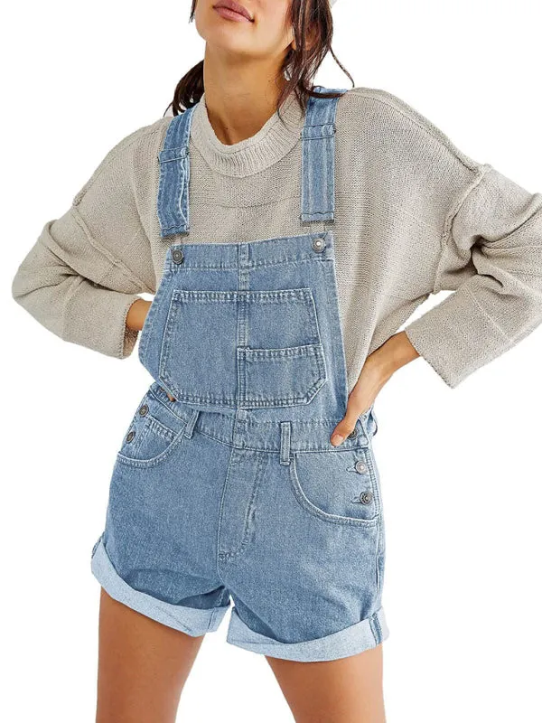 Cotton Denim Playsuit with Folded Hem - Overalls