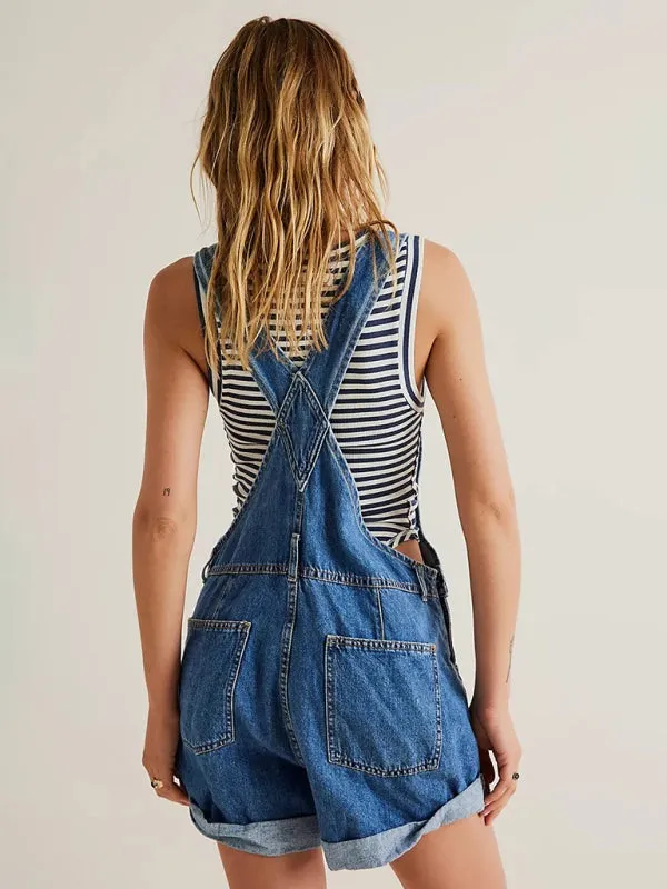 Cotton Denim Playsuit with Folded Hem - Overalls