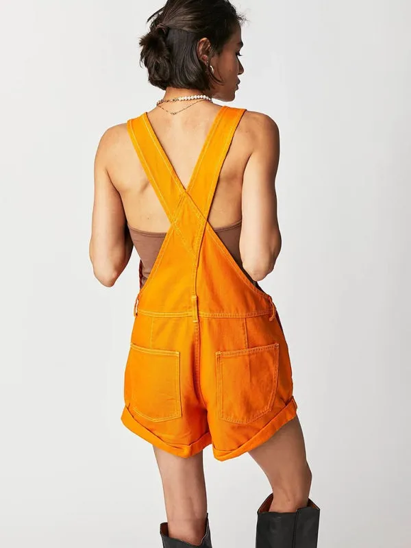 Cotton Denim Playsuit with Folded Hem - Overalls