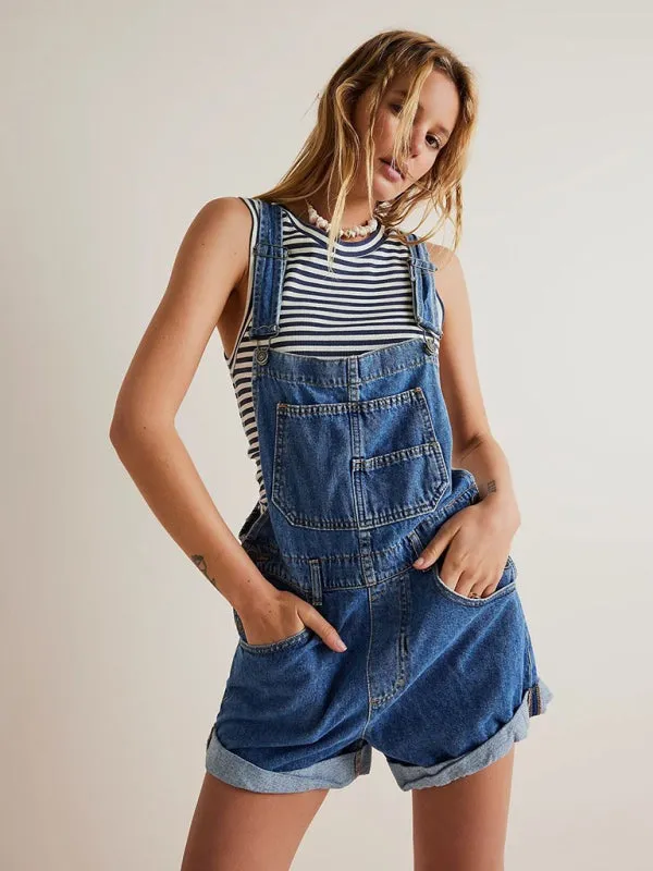 Cotton Denim Playsuit with Folded Hem - Overalls