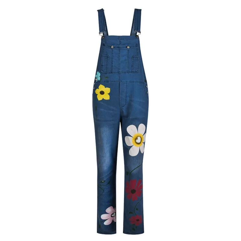 Daisy Painted Overalls Dark Denim Faded Or Gray Boho Jeans Jumpsuit Romper Available In Sizes Small Medium Large XL And Plus Sizes 2X 3X 4X And 5X