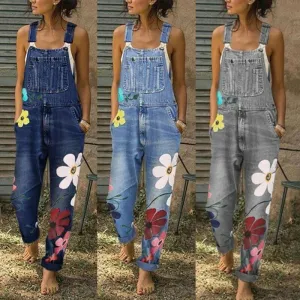 Daisy Painted Overalls Dark Denim Faded Or Gray Boho Jeans Jumpsuit Romper Available In Sizes Small Medium Large XL And Plus Sizes 2X 3X 4X And 5X