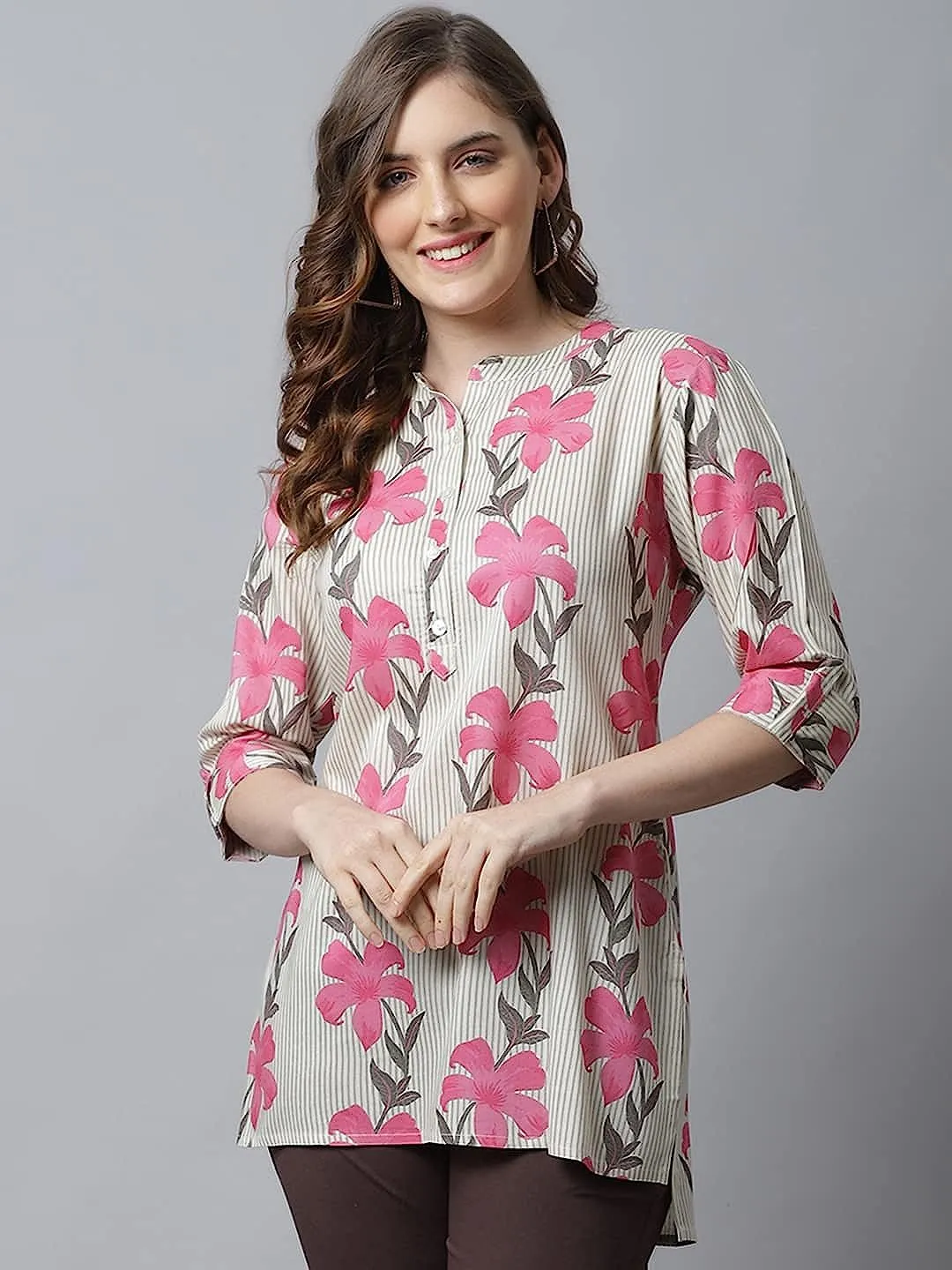 Elegant Floral Rayon Short Kurti: Fold-Up Sleeves, Mandarin Collar