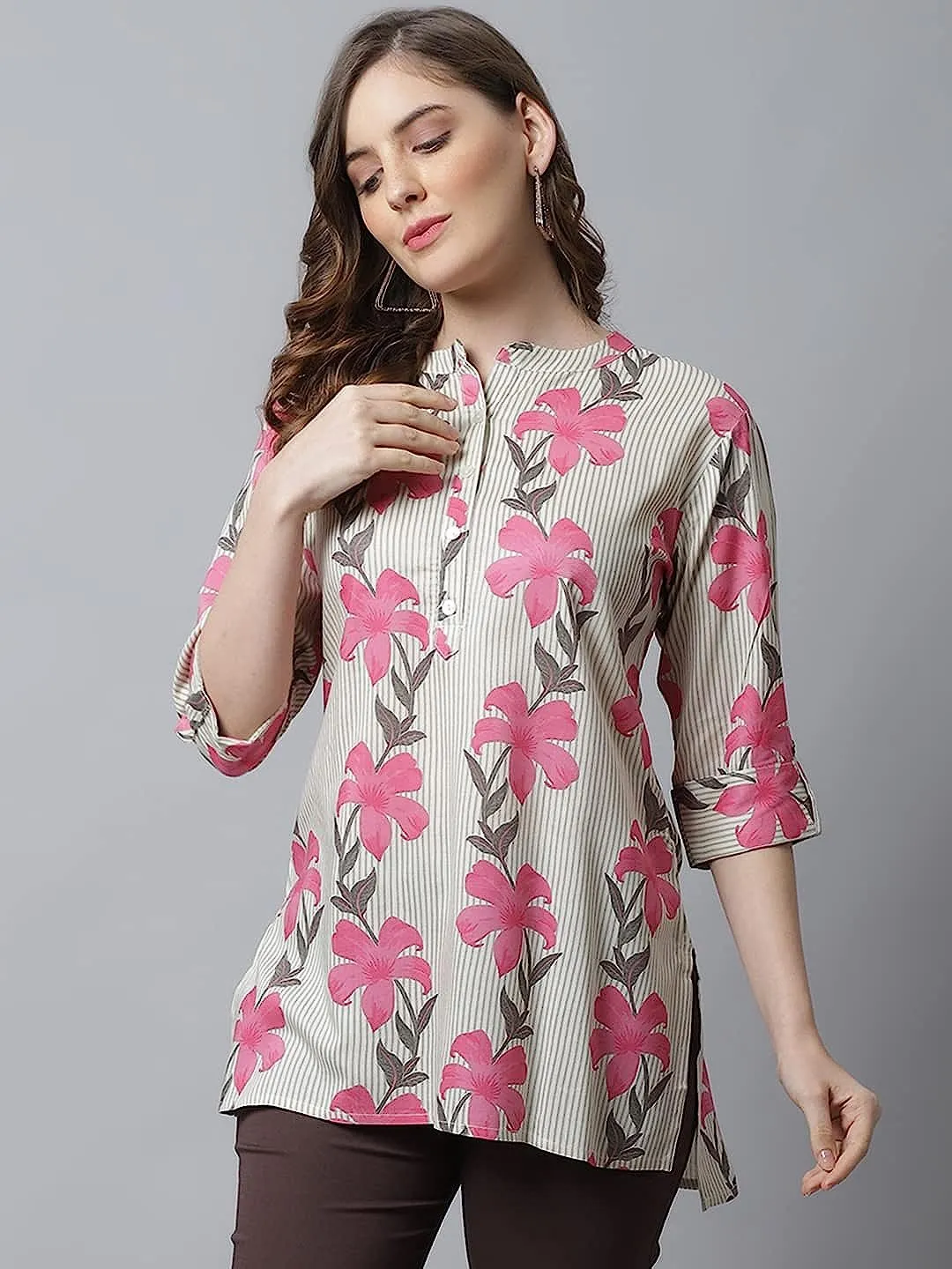 Elegant Floral Rayon Short Kurti: Fold-Up Sleeves, Mandarin Collar
