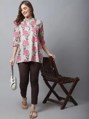 Elegant Floral Rayon Short Kurti: Fold-Up Sleeves, Mandarin Collar