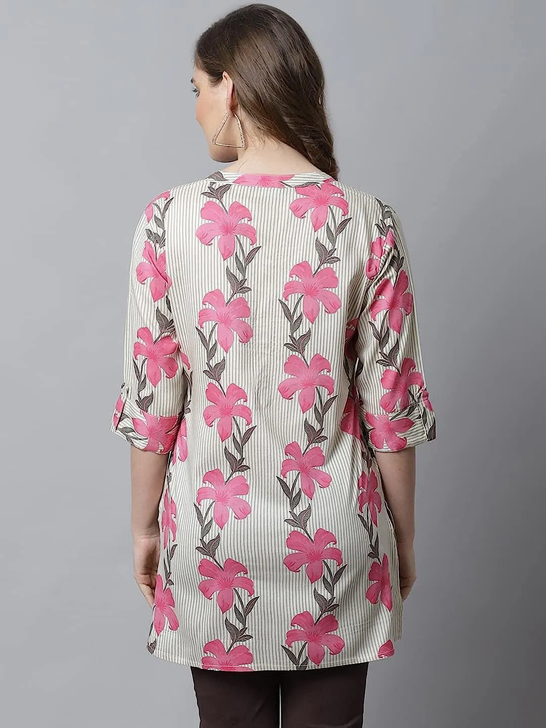 Elegant Floral Rayon Short Kurti: Fold-Up Sleeves, Mandarin Collar
