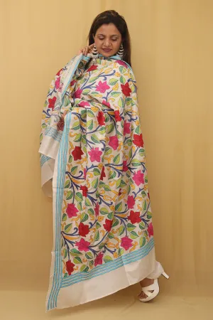 Exquisite Off White Kantha Silk Dupatta with Hand Embroidery