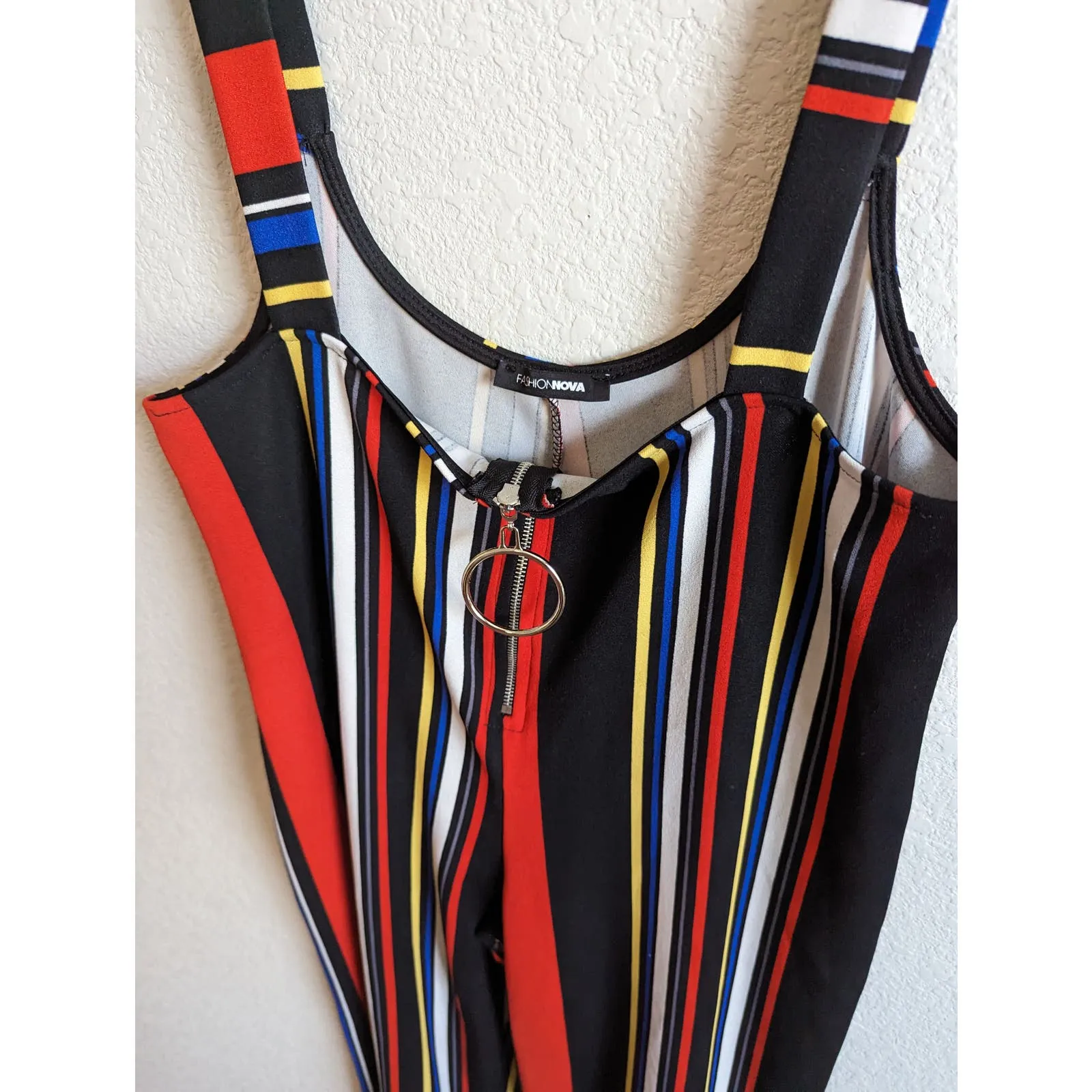 Fashion Nova Womens Sz XL Striped Jumpsuit Overalls Red Black