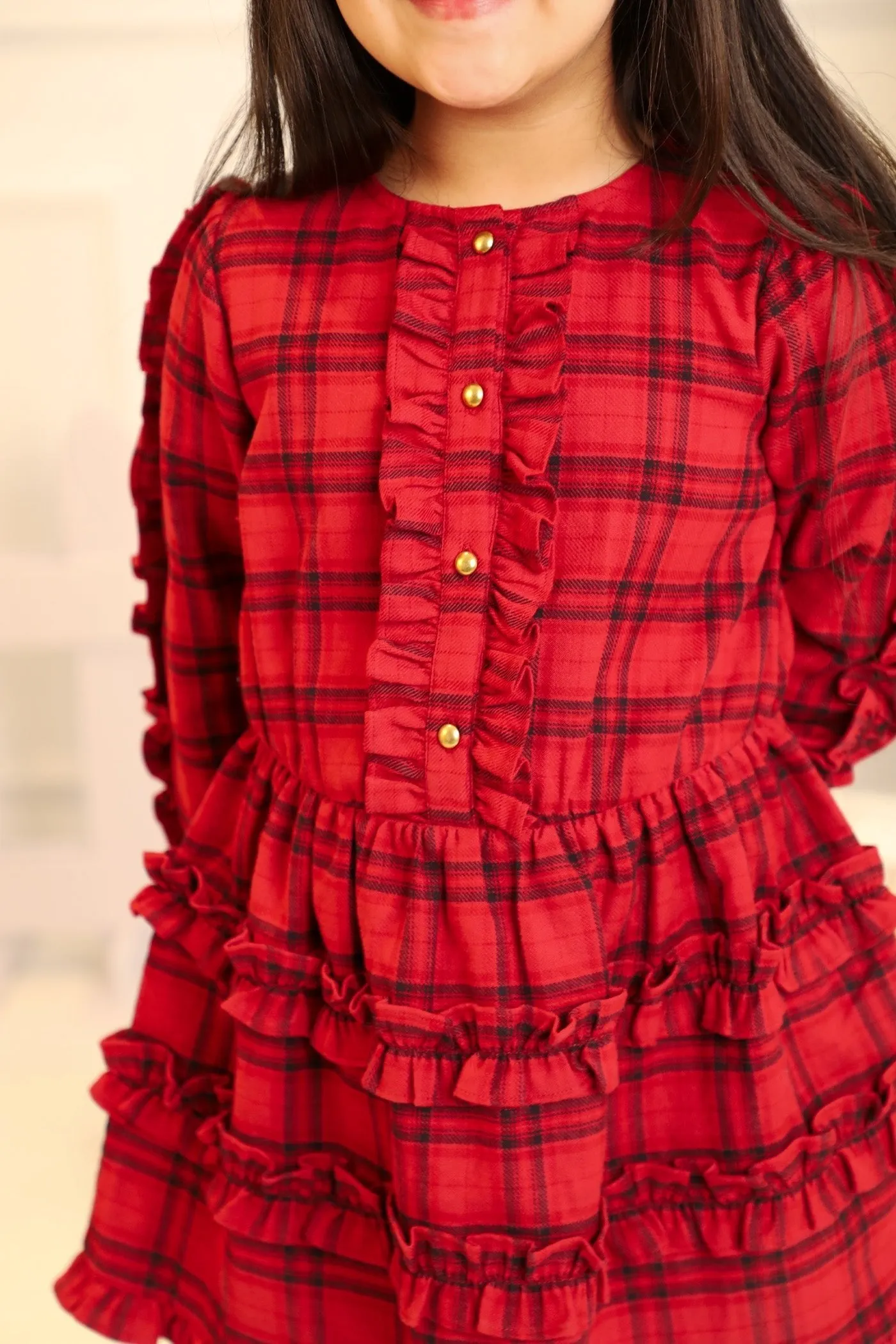 Flora Long Sleeves Cotton Chambray Girls Dress - Red Checks