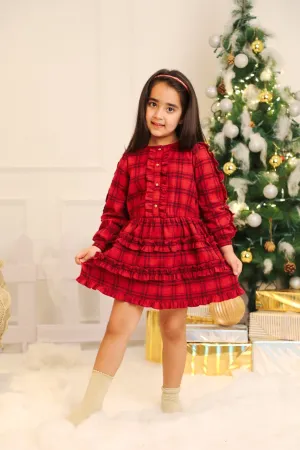 Flora Long Sleeves Cotton Chambray Girls Dress - Red Checks