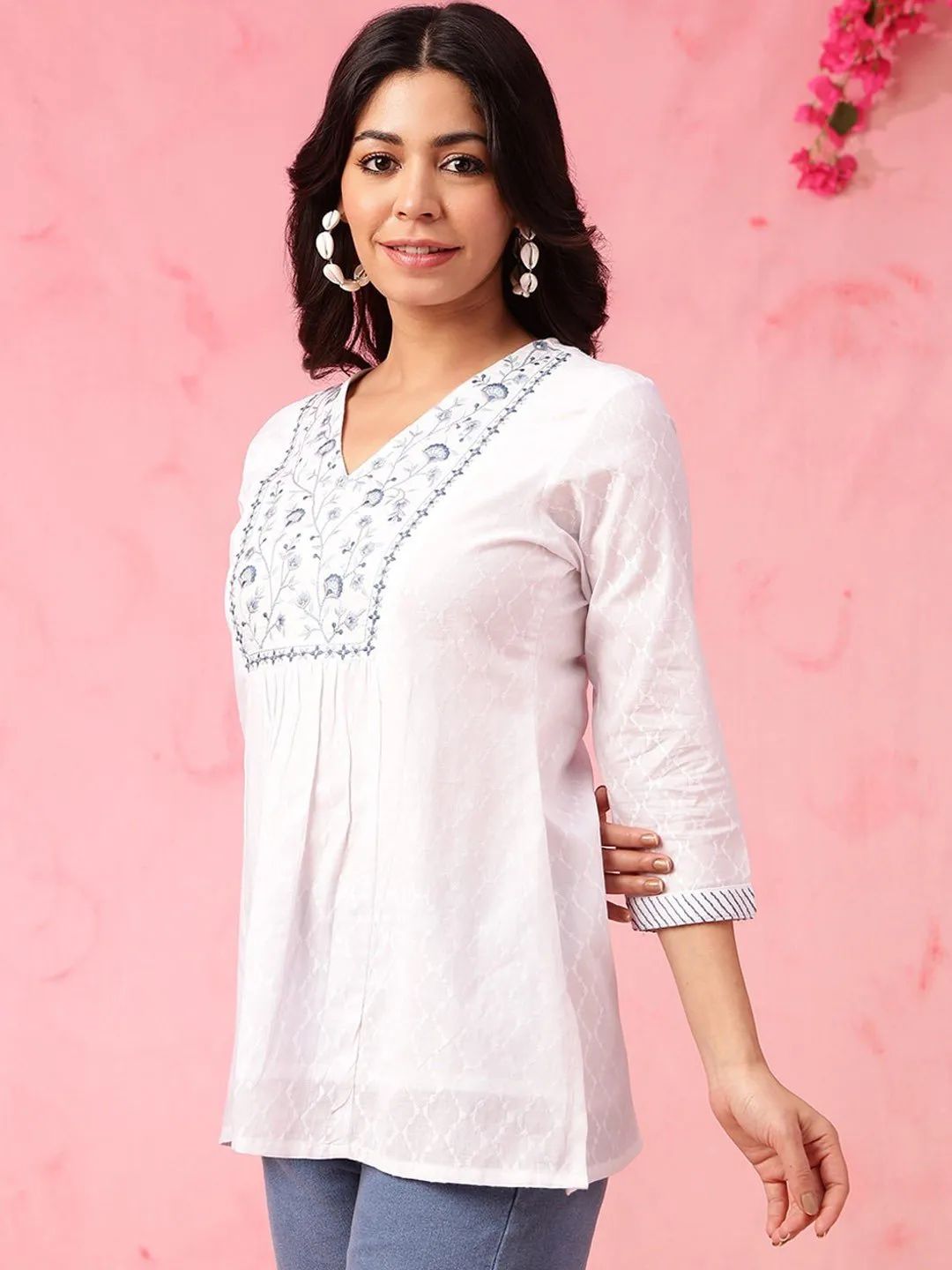 Floral Embroidered V-Neck Pure Cotton Straight Short Kurti - White