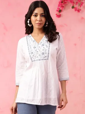 Floral Embroidered V-Neck Pure Cotton Straight Short Kurti - White