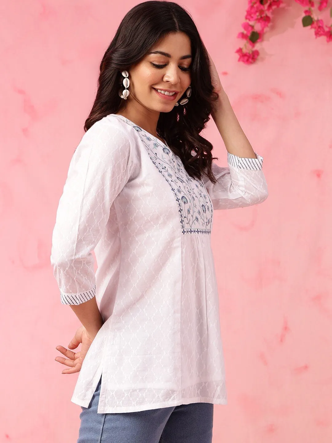Floral Embroidered V-Neck Pure Cotton Straight Short Kurti - White