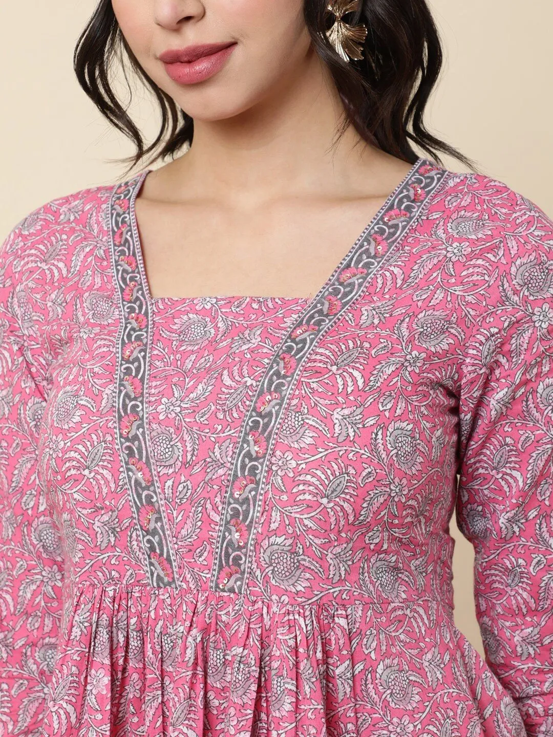 Floral Printed Square Neck Pleated Pure Cotton A-Line Short Kurti