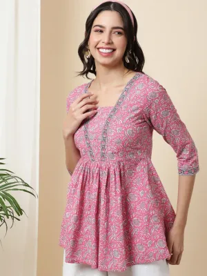 Floral Printed Square Neck Pleated Pure Cotton A-Line Short Kurti