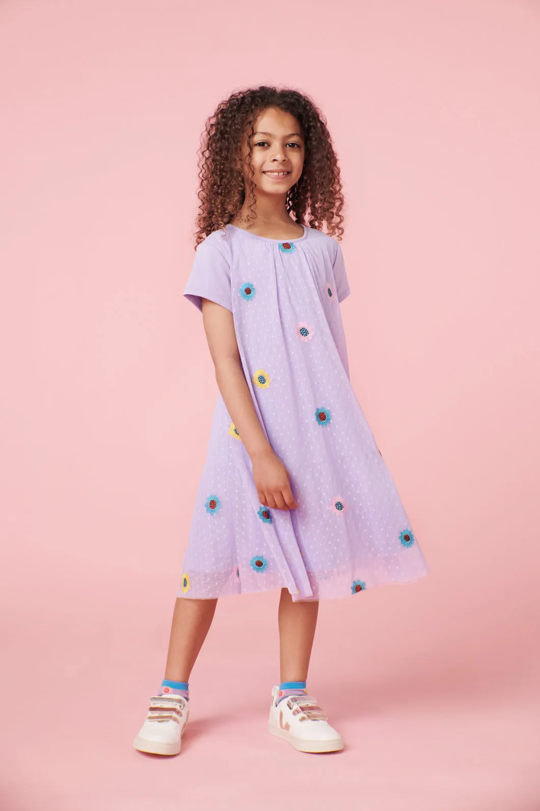 Flower Cup Emb Kids Mesh Dress