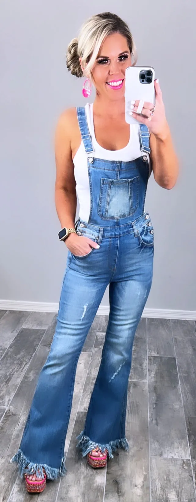 Fringe Bottom Light Wash Overalls