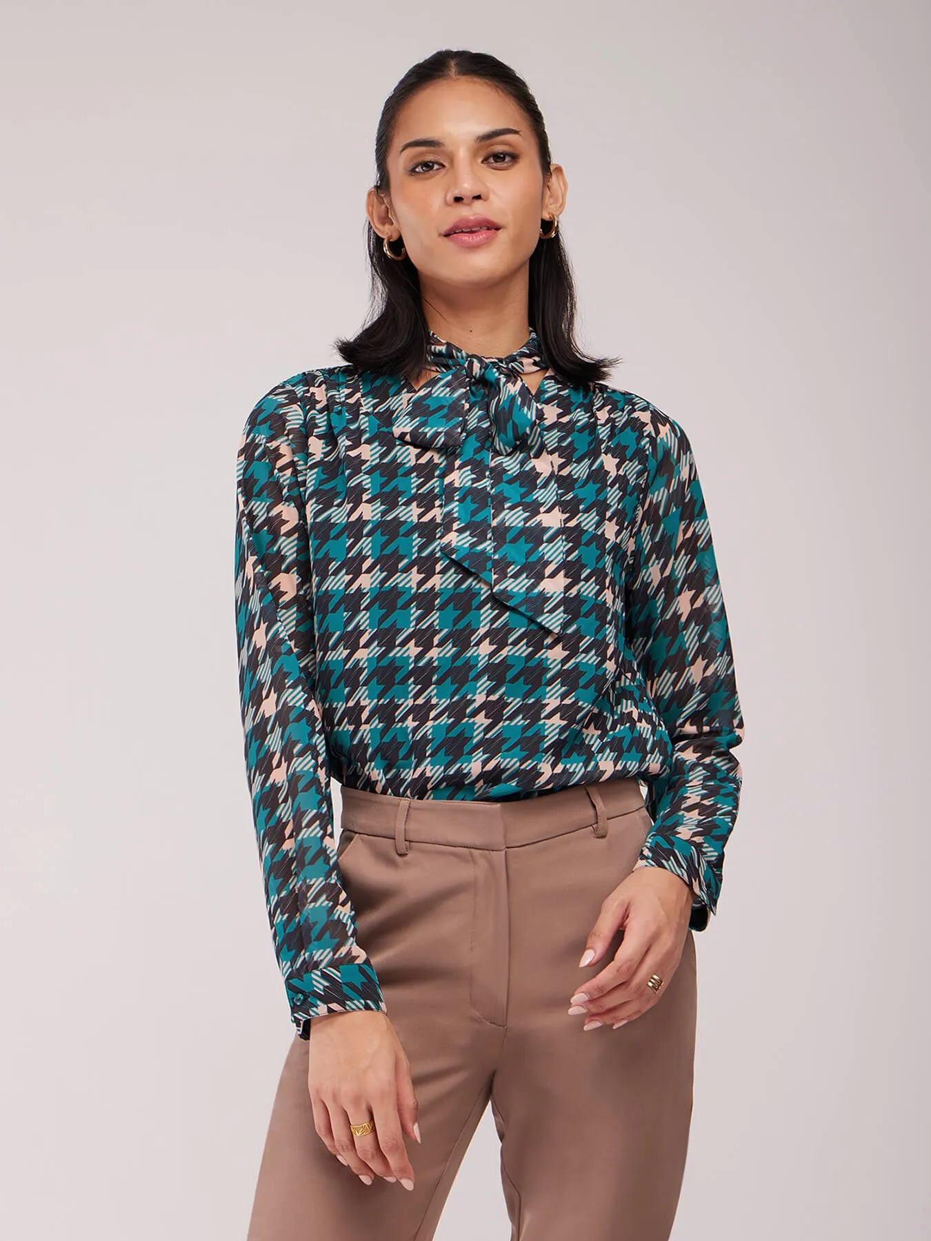 Houndstooth Print Top - Teal