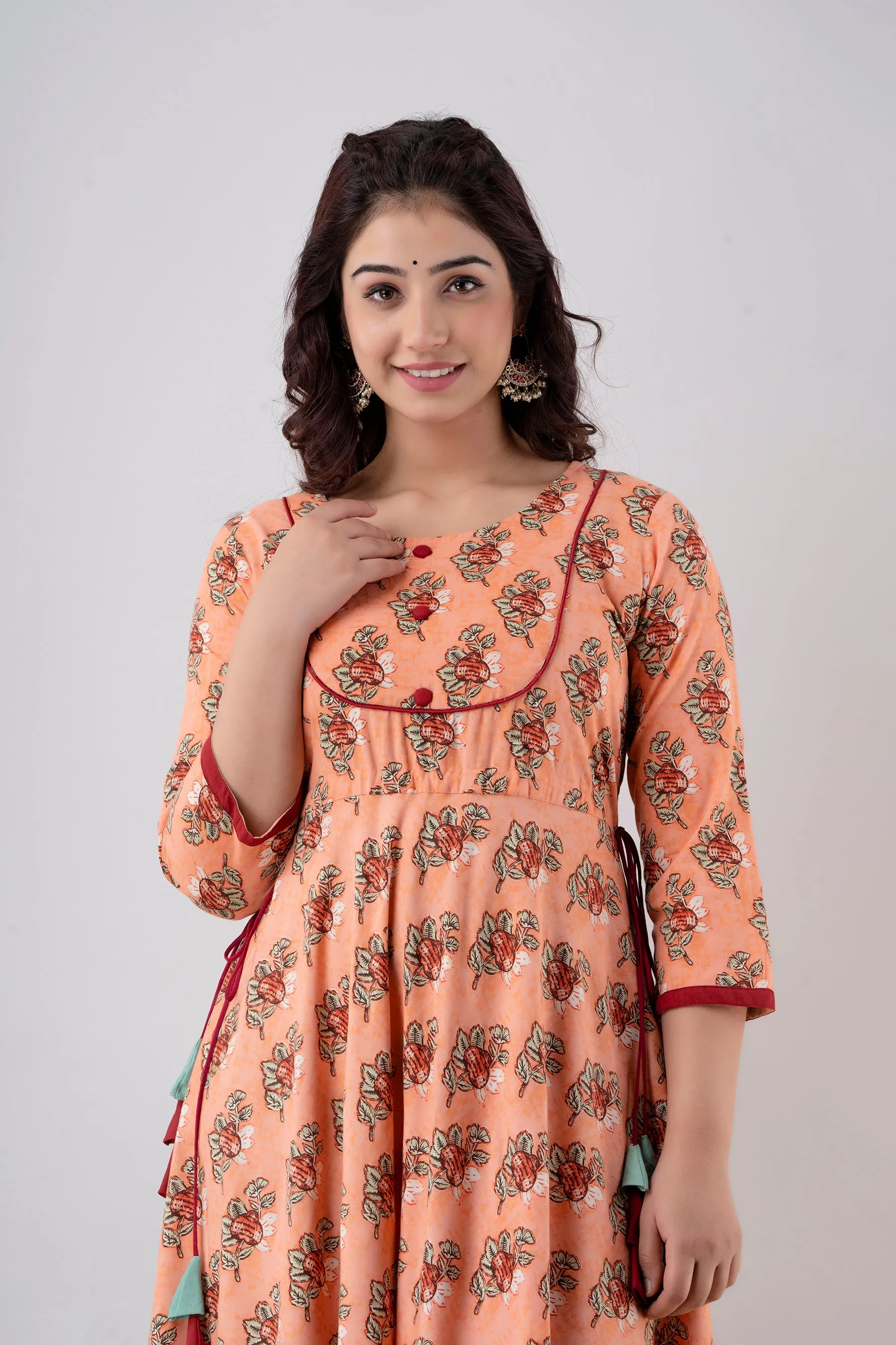 Jaipurite Anarkali Printed Flared Tie Up Party Wear Long Kurta