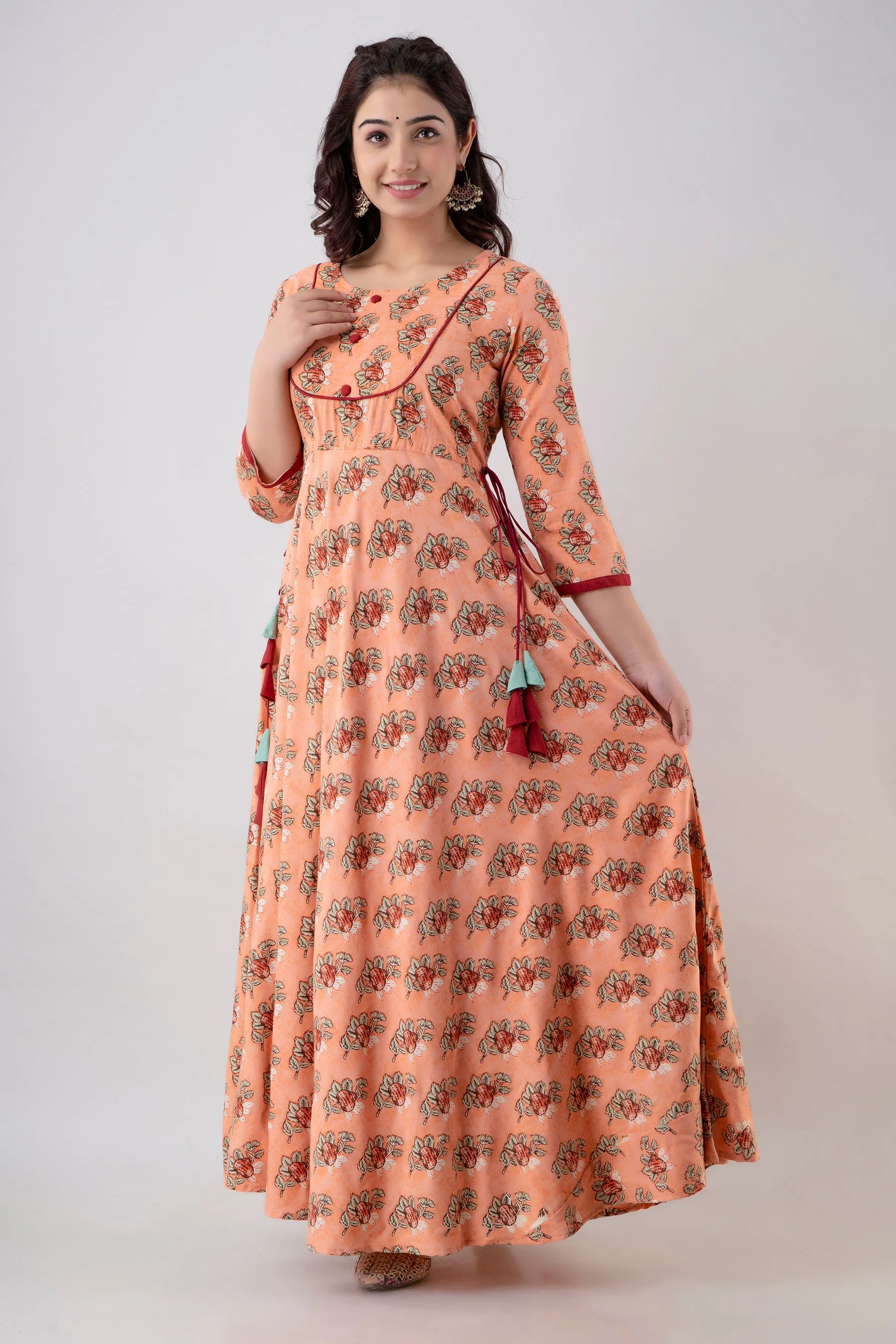 Jaipurite Anarkali Printed Flared Tie Up Party Wear Long Kurta