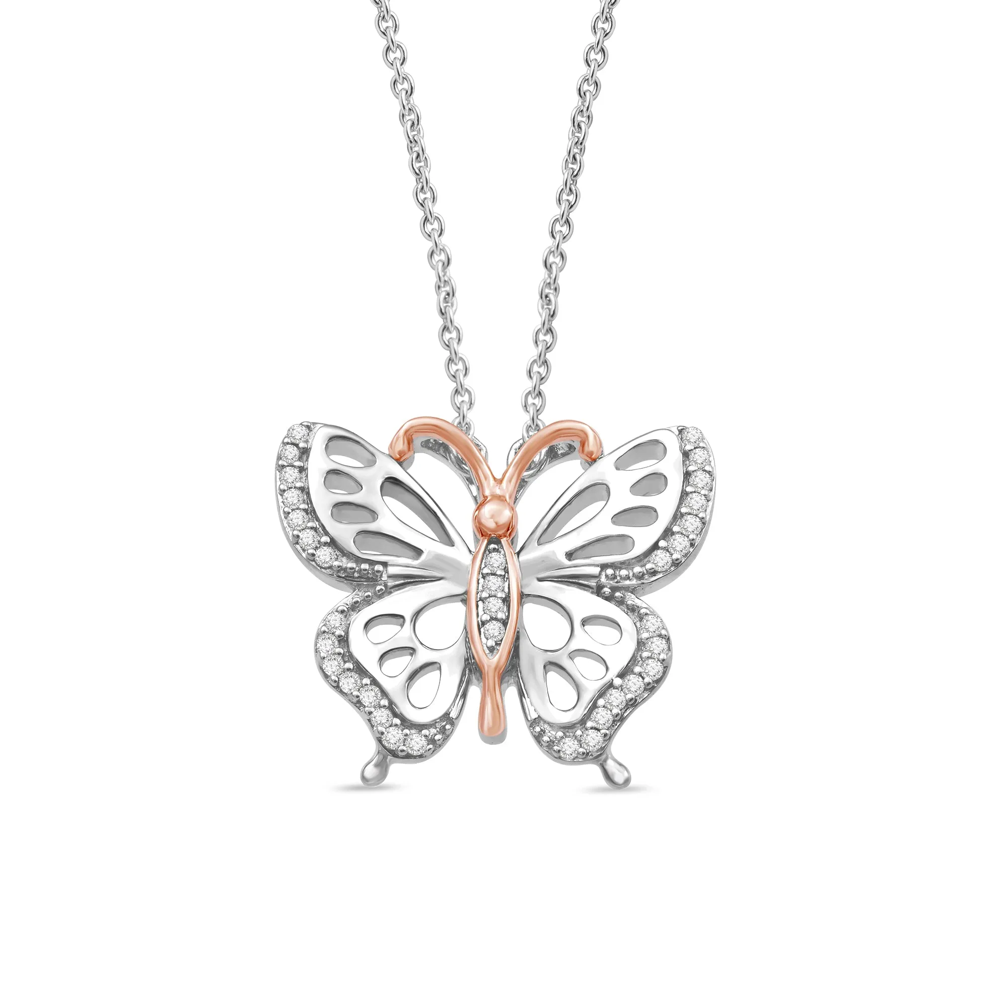 Jewelili Sterling Silver 1/10 Cttw Natural White Round Diamond Butterfly Pendant Necklace