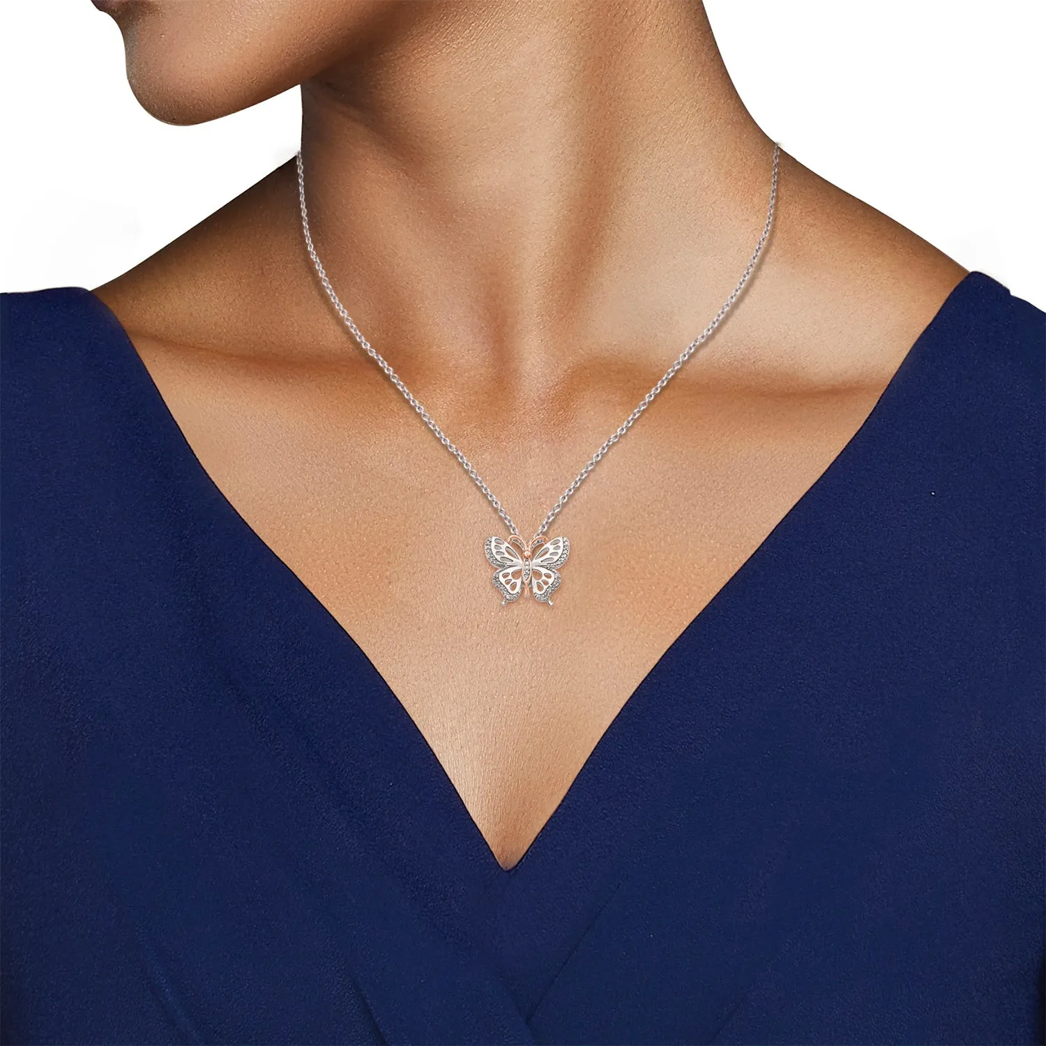 Jewelili Sterling Silver 1/10 Cttw Natural White Round Diamond Butterfly Pendant Necklace