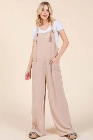 Knot Straps Wide Leg Ribbed Overalls