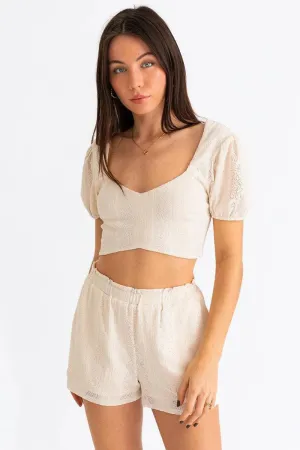 Lace Short Puff Sleeve Smocked Back Crop Top