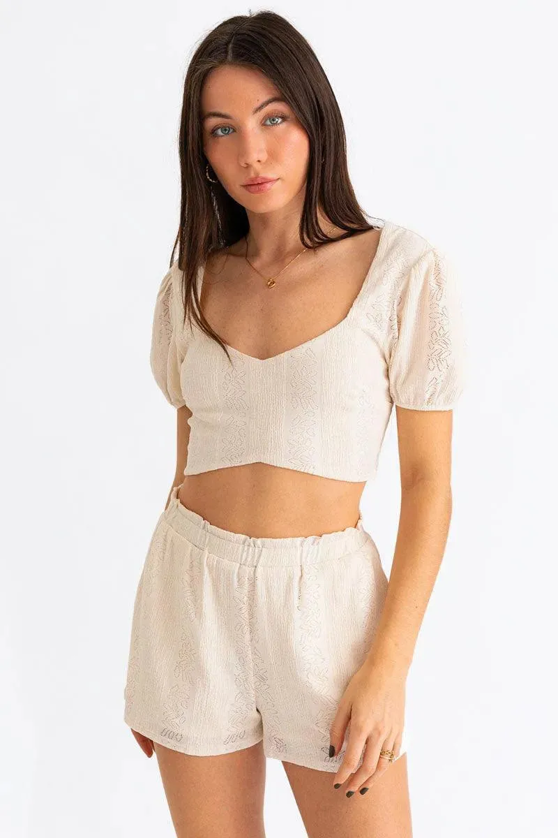 Lace Short Puff Sleeve Smocked Back Crop Top