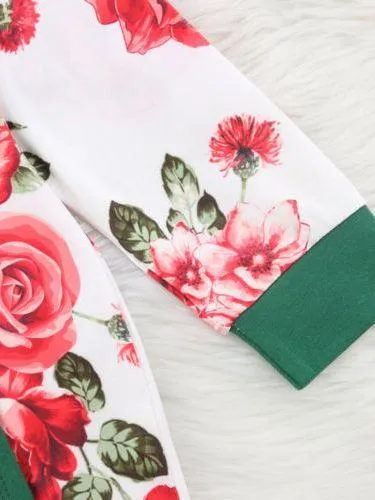 Long-sleeved Buttoned Flower Sleepsuit Overalls with Green Headband