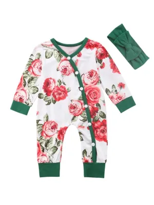 Long-sleeved Buttoned Flower Sleepsuit Overalls with Green Headband