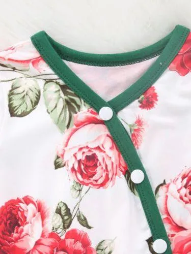 Long-sleeved Buttoned Flower Sleepsuit Overalls with Green Headband