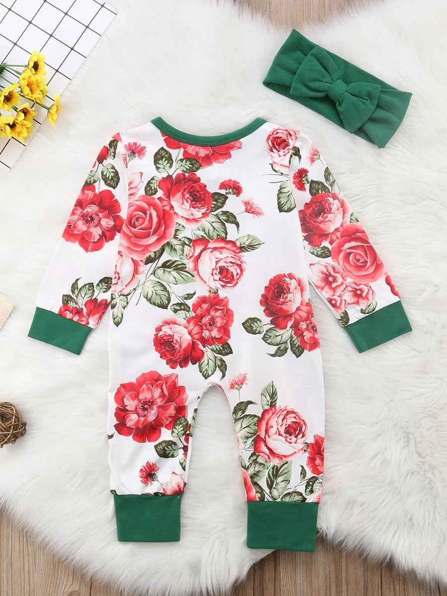 Long-sleeved Buttoned Flower Sleepsuit Overalls with Green Headband