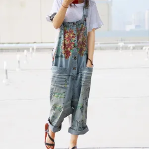 Loose Floral Denim Overall