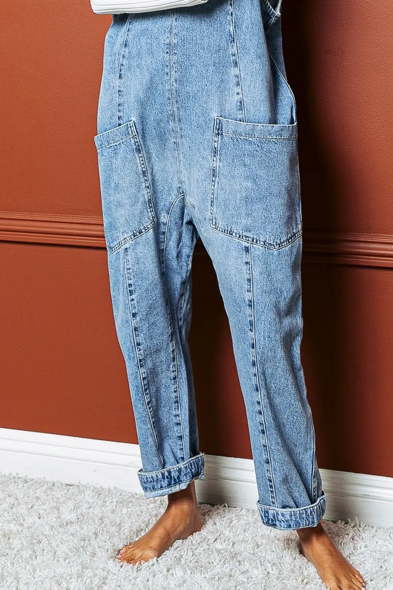 Low Rise Patch Pocket Denim Overalls