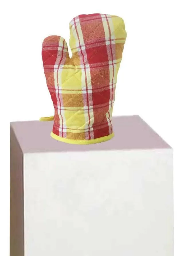 Lushomes Red and Yellow Checks Kitchen Cooking Apron Set for Women (2 Pc Set, Oven Glove 17 x 32 cm, Apron 60 x 80cms)