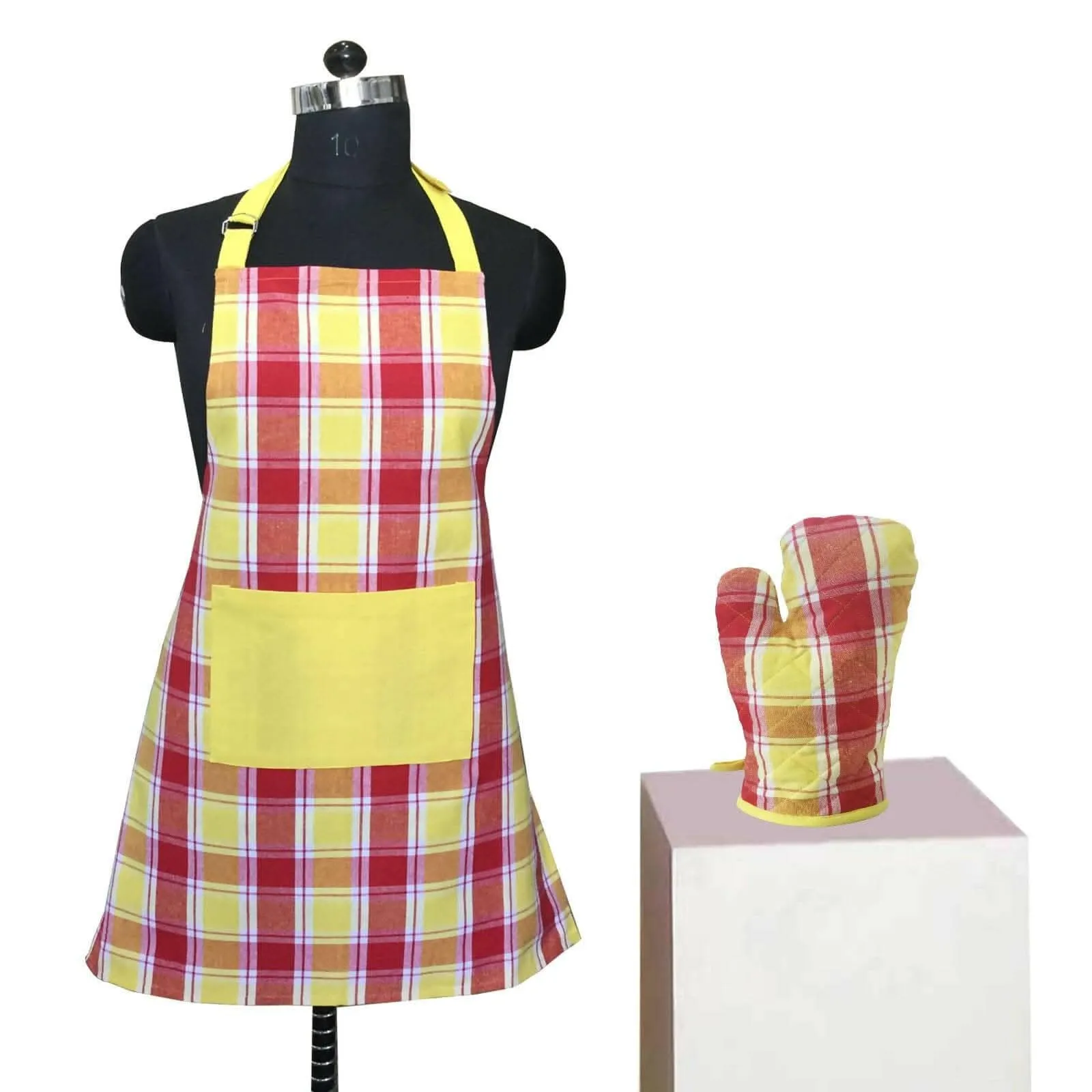 Lushomes Red and Yellow Checks Kitchen Cooking Apron Set for Women (2 Pc Set, Oven Glove 17 x 32 cm, Apron 60 x 80cms)