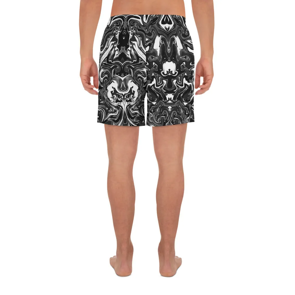 Marbled Men's Athletic Long Shorts, Black Marble Print Short Pants For Men -Made in USA/MX/EU