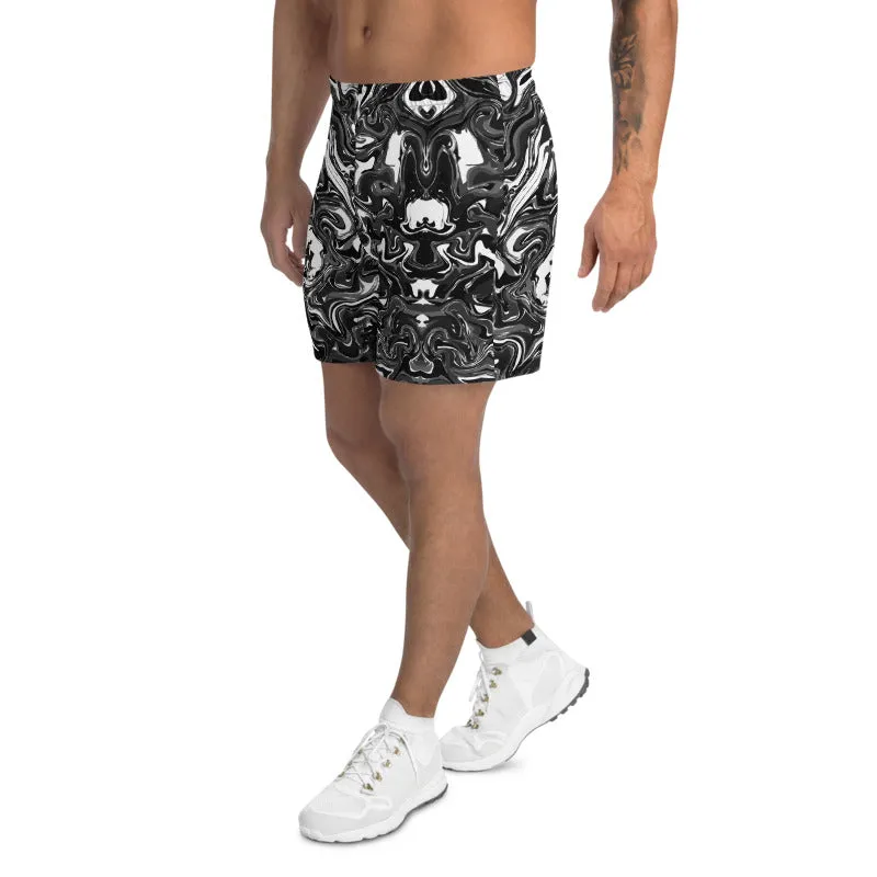 Marbled Men's Athletic Long Shorts, Black Marble Print Short Pants For Men -Made in USA/MX/EU