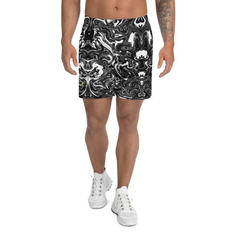 Marbled Men's Athletic Long Shorts, Black Marble Print Short Pants For Men -Made in USA/MX/EU