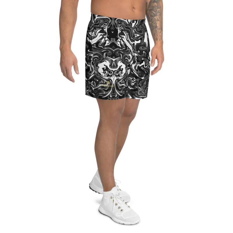 Marbled Men's Athletic Long Shorts, Black Marble Print Short Pants For Men -Made in USA/MX/EU