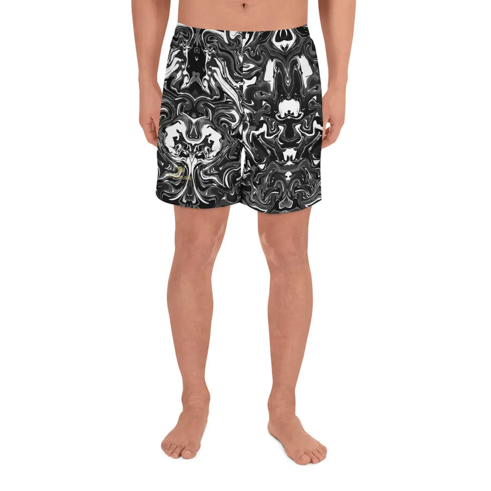 Marbled Men's Athletic Long Shorts, Black Marble Print Short Pants For Men -Made in USA/MX/EU