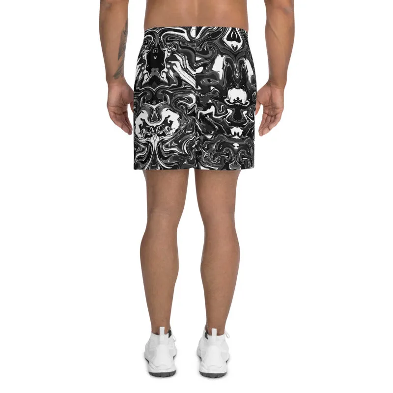 Marbled Men's Athletic Long Shorts, Black Marble Print Short Pants For Men -Made in USA/MX/EU