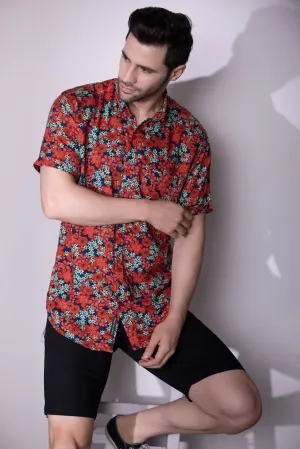 Men Red floral Relaxed fit Half Sleeve Shirt