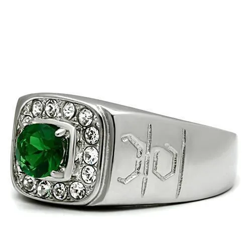 Mens Emerald Green Stainless Steel Synthetic Glass Rings
