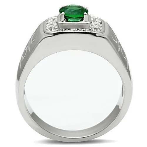 Mens Emerald Green Stainless Steel Synthetic Glass Rings