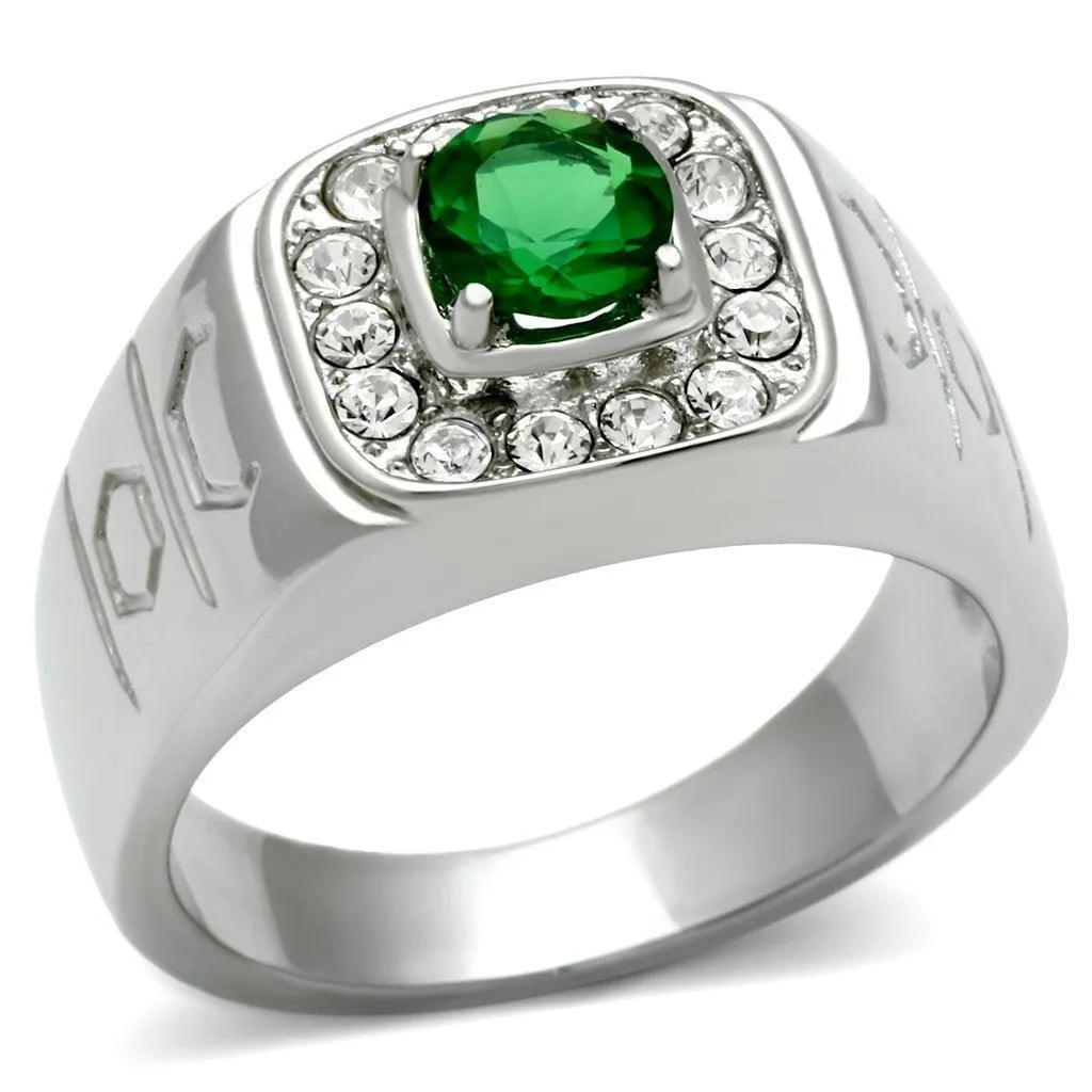 Mens Emerald Green Stainless Steel Synthetic Glass Rings