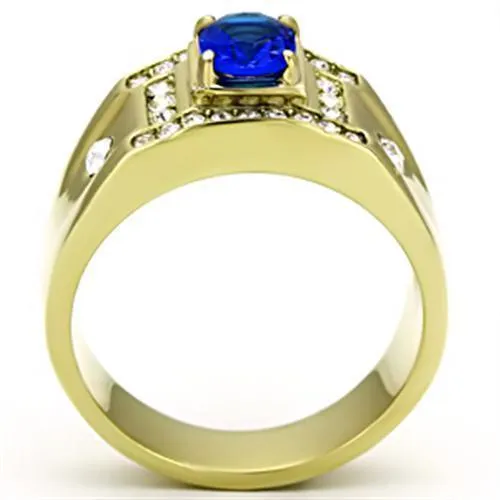 Mens Gold And Blue Ring Stainless Steel Synthetic Glass
