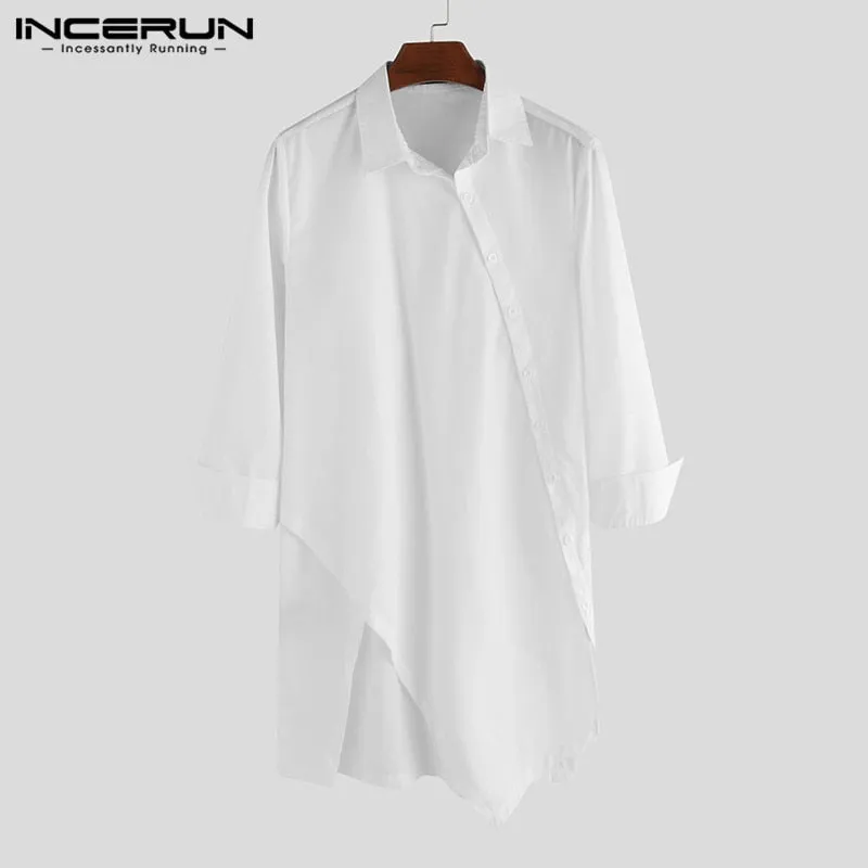 Mens Irregular Lapel Button Long Sleeve Chic Solid Color Fashion Dress Shirt